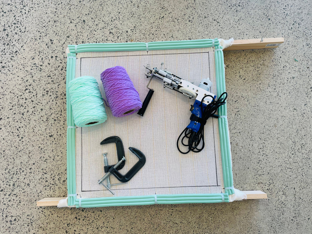 Nice Studio beginner tufting setup with frame, tufting gun and materials