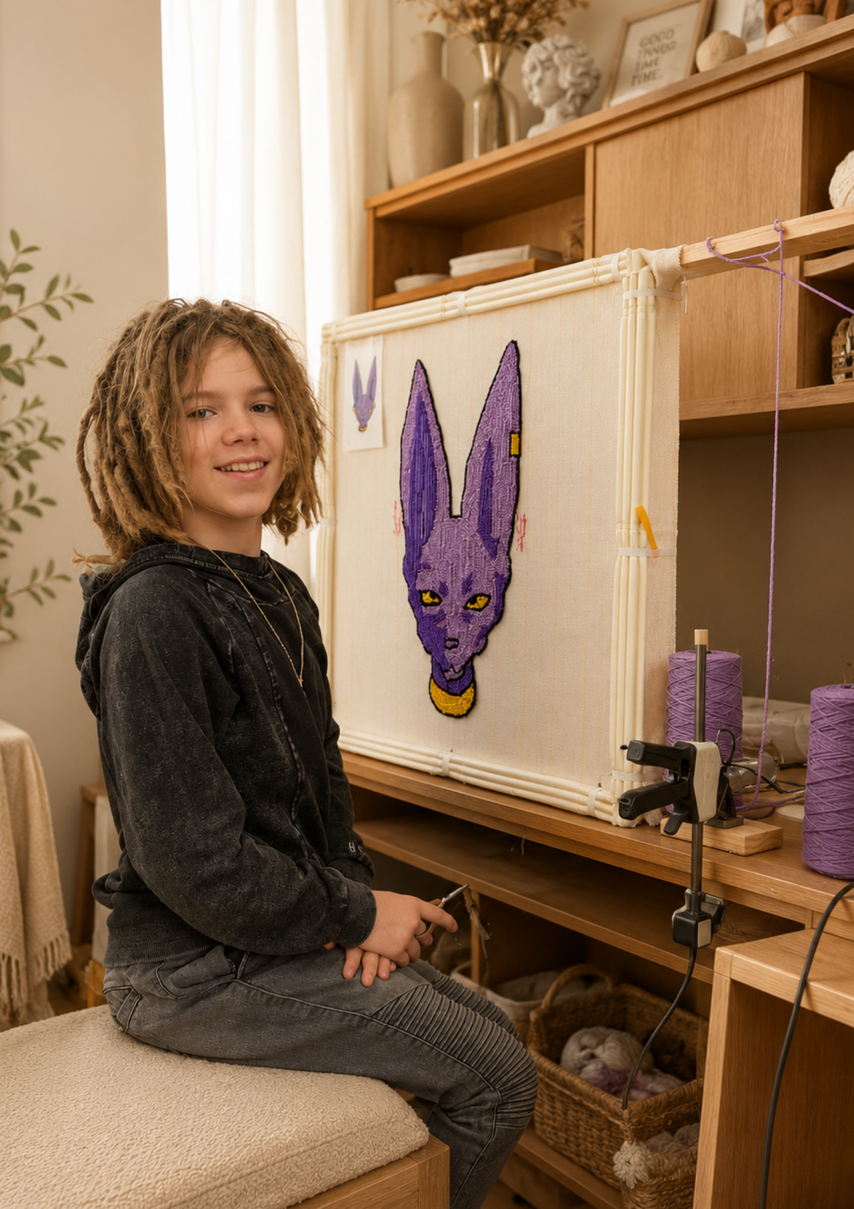 A maker beside a framed tufting design in a working studio