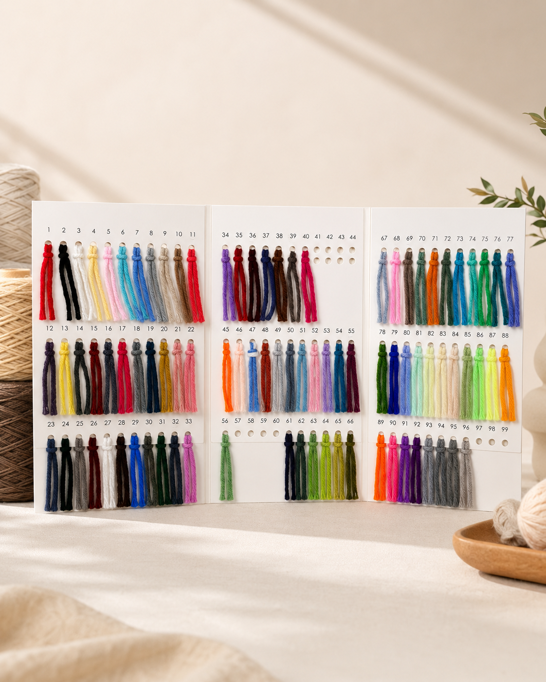 Nice Studio tufting yarn colour swatch card with numbered yarn samples